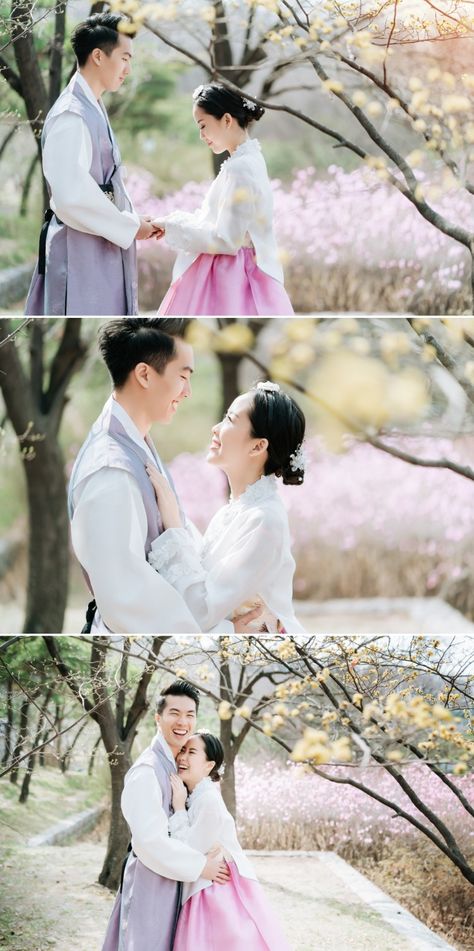 The blush pink petals in the backdrop complement our bride-to-be's hanbok so well! Hanbok Wedding Photoshoot, Hanbok Engagement Photo, Couple Hanbok, Hanbok Photoshoot, Korean Prewedding Photography, Hanbok Wedding, Prenup Shoot, Hanok Village, Korea Hanbok