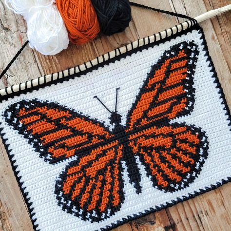 It's always hard to go back to routines on a Tuesday after a long weekend. Don't you agree? 📃 Monarch Tapestry pattern by me 🧶 @lionbrandyarn Basic Stitch #monarchtapestry #tapestrycrochetpattern #tapestrycrochet #crochettapestry Butterfly Tapestry Crochet Pattern, Disney Tapestry, Crochet Tapestries, Tapestry Butterfly, Crochet Wall Hanging Pattern, Butterfly Tapestry, Pool Shoot, Thanksgiving Crochet, Tapestry Pattern