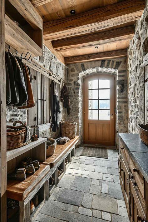 Mudroom with gothic and French country design. Stone Cottages Interior, Stone Cottage Homes, Irish Farm, Cabin Basement, House In The Clouds, Cottage Flooring, Stone Cabin, Dream Cabin, Country House Interior