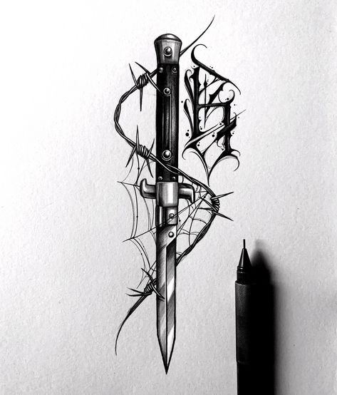 Gothic Dagger Tattoo, Switch Blade Tattoo, Satanic Tattoos, Barbed Wire Tattoos, Chest Tattoo Ideas, Blade Tattoo, Wrist Tattoo Ideas, Wrist Tattoo Designs, P Tattoo