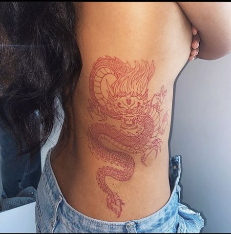 Red Fine Line Dragon Tattoo, Dragon Hand Tattoo, Dragon Tattoo Back, Red Dragon Tattoo, Chinese Dragon Tattoos, Ribcage Tattoo, Torso Tattoos, 3d Tattoos, Red Tattoos