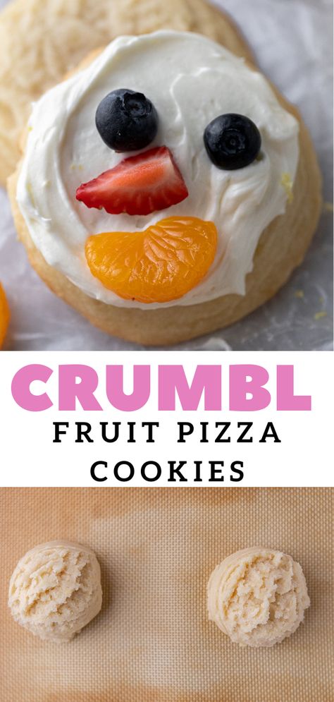 These CRUMBL chilled fruit pizza cookies are so worth the hype. Made with a thick sugar cookie then topped with a lemon cream cheese frosting and decorated with fruits on top.