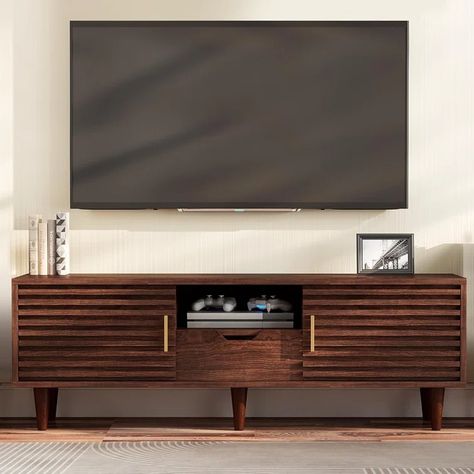 Mercer41 Naryia 59'' Media Console & Reviews | Wayfair Shelves Mid Century, Mid Century Entertainment Center, Low Profile Tv Stand, 65 Inch Tv, Midcentury Tv Stand, Television Stand, Mid Century Tv, Tv Stand With Drawers, Mid Century Modern Tv Stand