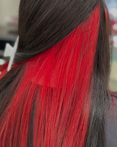 Red Hidden Hair Color, Pikaboo Hair Color, Pikaboo Hair, Red Hair Streaks, Under Hair Color, Hair Dyed Underneath, Hidden Hair Color, Half Dyed Hair, Peekaboo Hair Colors