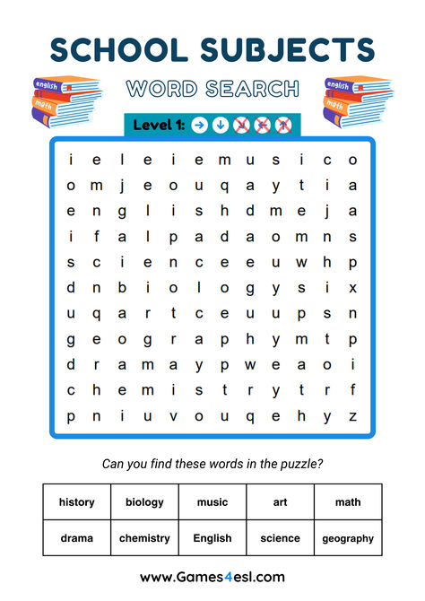 A School Subjects Word Search Pronoun Words, School Word Search, Teach English To Kids, Word Search Printables, Word Searches, English Language Learners, Free Printable Worksheets, School Subjects, Language Learning