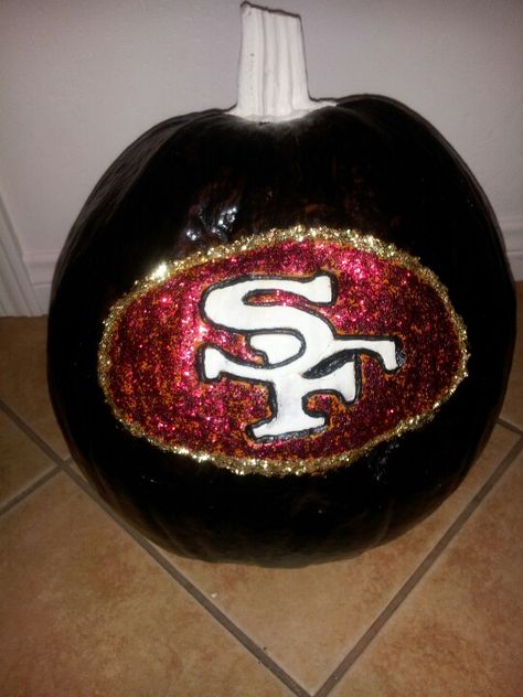 Painted 49er Pumpkin Pumping Carving, 49ers Crafts, 49ers Party, Pumpkin Pumpkin Carving, Football Halloween, Pumpkin Painted, Pumpkin Carving Stencils, Carving Stencils, 49ers Fans