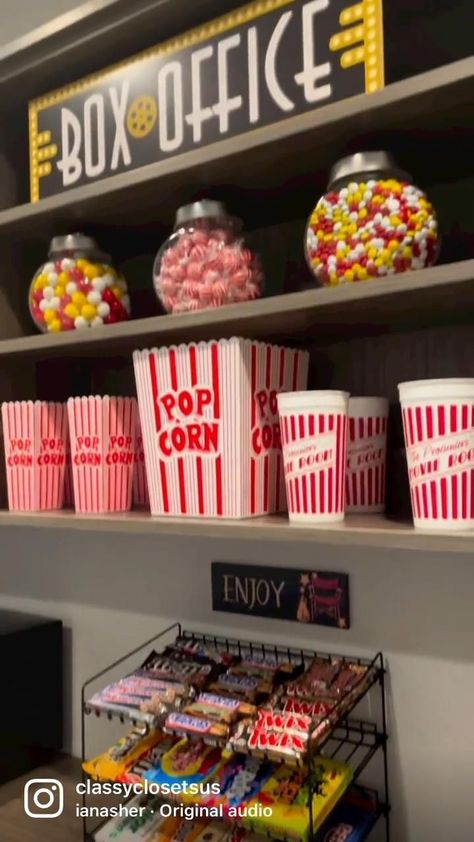 #gameroom #gamingcave #gamedesign #gamerlife #gamingsetup #homedecor #interiordesign #gamingideas #gamerroom #manCave Home Movie Snack Bar, Movie Room Candy Display, Basement Popcorn Bar, Home Theatre Snack Bar, Home Concession Stand Ideas, Media Room Snack Bar, Popcorn Station Home, Basement Movie Theater Ideas, Theater Room Snack Bar