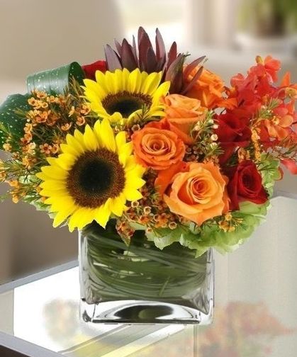 Deliver a gorgeous presentation of autumn sunflowers, orange sedona roses, orchids, and full-bloom hydrangea artfully designed in a chic glass cube. Seasonal Plants, Sunflower Centerpieces, Sunflowers And Roses, Sunflower Arrangements, Summer Bridal Showers, Silk Arrangements, Fall Flower Arrangements, Fall Floral Arrangements, Bridal Shower Flowers