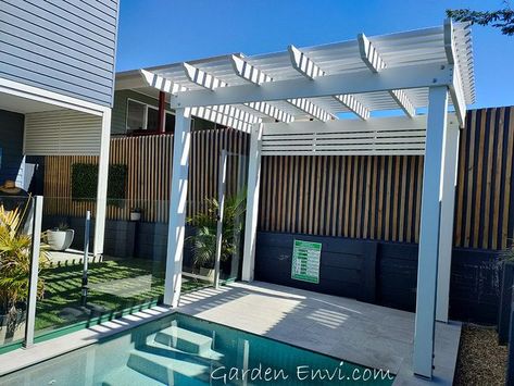 Painted Modern Pergola Painted Pergola, Pool Gazebo, Pool Pergola, Timber Pergola, Pool Shade, Swimming Pool Landscaping, Pool Landscape Design, Modern Pergola, Pool Side