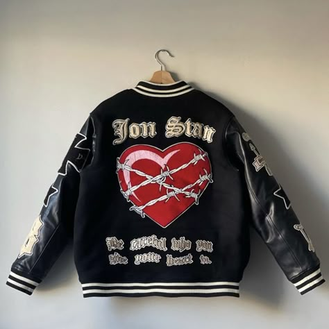 Varsity Jacket Back Design Ideas, Punk Varsity Jacket, Senior Jackets Design Ideas, Black Varsity Jacket For Streetwear, Leather Varsity Jacket For Streetwear, Nba Clothes, Black Varsity Jacket With Embroidered Patch For Streetwear, Rework Clothes, Pink Alternative Fashion