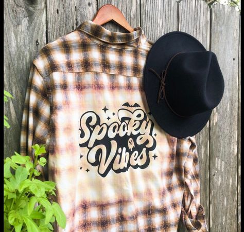 Excited to share this item from my #etsy shop: SIZE MEDIUM - Spooky Vibes Fall Flannel Spooky Halloween Fashion Vintage Washed Distressed Flannel - Fall Flannel - Bleached Flannel - CM Bleached Flannels, Bleach Shirt Diy, Bleached Flannel, Bleach Shirt, Fall Flannel, Shirt Diy, Fall Clothing, New Braunfels, Upcycled Clothing