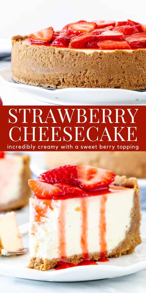 This delicious strawberry cheesecake is incredibly creamy with a thick graham crust and sweet strawberry topping. It's the perfect classic cheesecake recipe #cheesecake #strawberry #strawberrycheesecake #recipe from Just So Tasty https://www.justsotasty.com/strawberry-cheesecake/ Cheesecake Recipes Strawberry, Decorating Pies, Cheesecake Strawberry Topping, Cheesecake Easy Recipe, Best Strawberry Cheesecake, Unbaked Cheesecake, The Perfect Cheesecake, Perfect Cheesecake, Cheesecake Strawberry