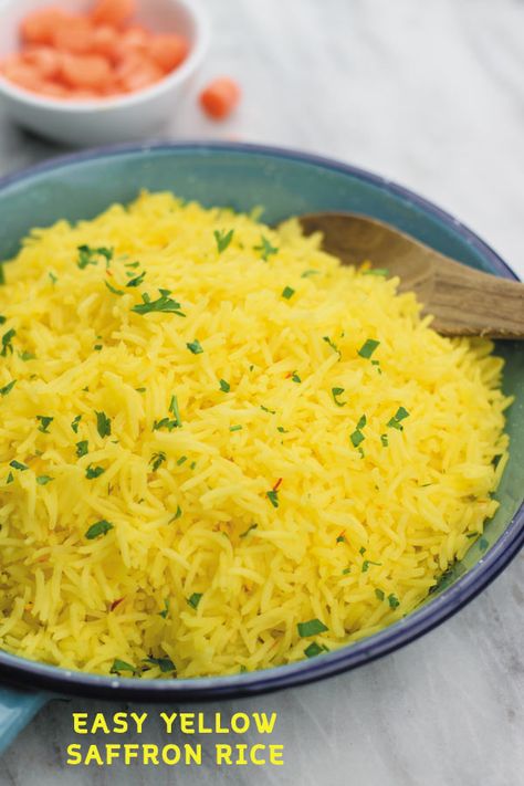 Easy Yellow Saffron Rice - Better Than your favorite Mediterranean restaurant, this SIMPLE yellow saffron rice is full of flavor & GREAT as a side! Saffron Rice Recipe, Yellow Rice Recipe, Yellow Rice Recipes, Saffron Recipes, Mediterranean Restaurant, Saffron Rice, Rice Side Dishes, Yellow Rice, Yellow Foods