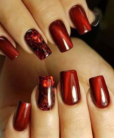 Red Nail Designs Fall Art Ideas, Ruby Red Nail Designs, Red Nail Art Elegant, Red Nail Designs Fall, Red Elegant Nails, Square Fall Nail Designs, Red Autumn Nails, Ruby Red Nails, Autumn Nails Design Ideas