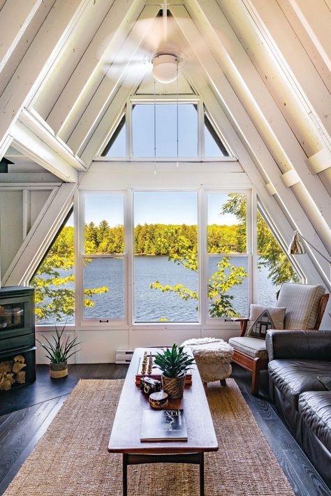 Story Charlene Peck | Photography Sandy MacKay Home With A View, Cottage Bunkie Ideas, A Frame Beach House, A Frame Lake House, Beautiful Cottage Homes, A Frame Chalet, Lake View Homes, A Frame Cottage, Lakefront Cottage