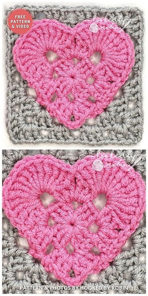 6 Inch Granny Square Pattern, Crochet Small Squares, Crochet Heart Afghan, Crochet Heart Square Pattern Free, Valentine Crochet Patterns Free Projects, Crocheted Hearts Pattern Free, Heart Square Crochet Pattern, Crochet Hearts Pattern Free, Heart Granny Square Pattern Free