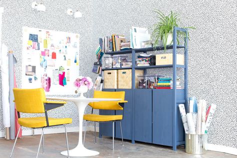 Emily Henderson Devine Color Tempaper Temporary Wallpaper Studio Makeover Blue white and black Organization 1 Painted Ivar, Ikea Ivar Storage, Ikea Office Storage, Ivar Storage, Ivar Regal, Blue Home Offices, Ikea Ivar Cabinet, Wallpaper Studio, Ikea Office