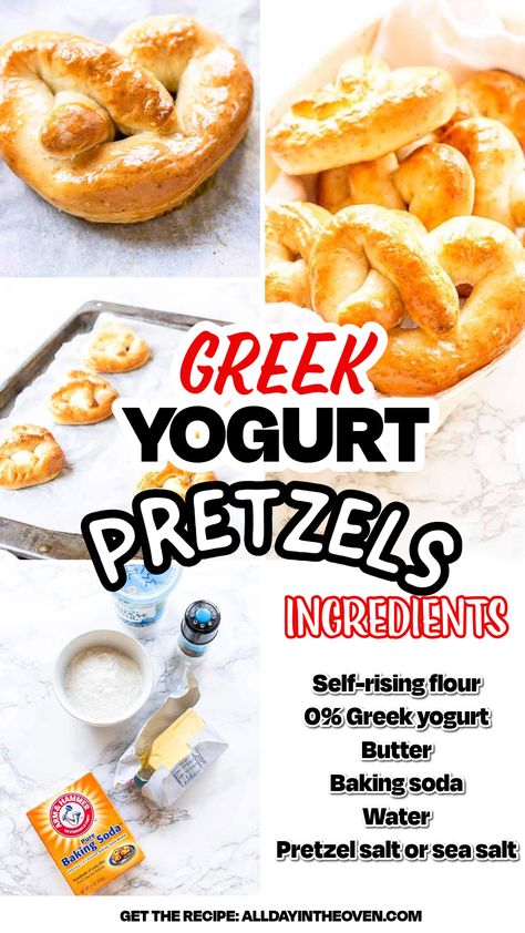 Greek yogurt pretzels ingredients, pretzels on a baking sheet and stacked in basket. Greek Yogurt Pretzels, Recipes For Plain Greek Yogurt, Greek Yogurt Donut Recipe, Greek Yogurt Snack Ideas, Yogurt Snack Ideas, Greek Yogurt Dough, Recipe Greek Yogurt, Yogurt Dough, Greek Yogurt Snacks