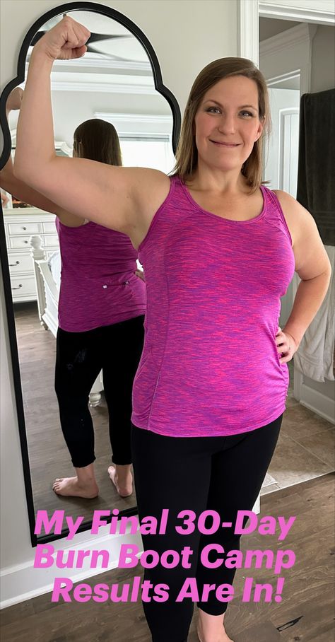 Woman raising arm to flex bicep post-30 day Burn Boot Camp attendance wearing a pink shirt and black pants. Burn Boot Camp, Real Results, Boot Camp, Join Me, Fitness Journey, Worth It, 30 Day, Take That, Camping