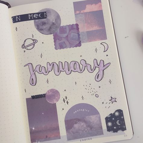 January Journal Page Ideas, Bujo 2023 Cover Page Aesthetic, Aesthetic Notebook Cover Design Blue, Purple Aesthetic Journal Page, Space Journal Aesthetic, Purple Journal Stickers, Aesthetic Cover Pages, Purple Journal Aesthetic, Purple Theme Journal