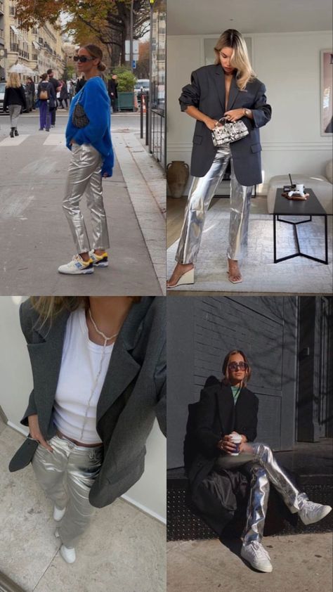 Silver Jeans Outfit 2023, Silver Pants Outfit Winter, Silver Bottoms Outfit, Silver Trousers Outfit Women, Silver Joggers Outfit, Silver Jeans Outfit Casual Styles, Silver Cargo Pants Outfit, Silver Metallic Pants Outfit, Metallic Trousers Outfit