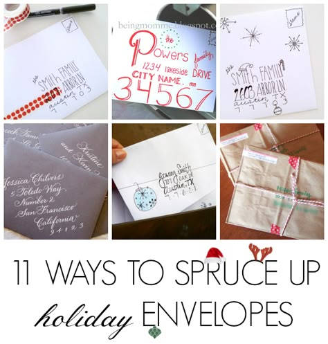 11 ways to spruce up a plain white Christmas card envelope! Christmas Envelope Art Cute Ideas, Christmas Envelope Art Diy, Christmas Envelope Art Easy, Addressing Christmas Envelopes, Christmas Card Envelopes Decorating, Clever Christmas Cards, Christmas Envelope Addressing, Christmas Envelope Art, Addressing Christmas Cards