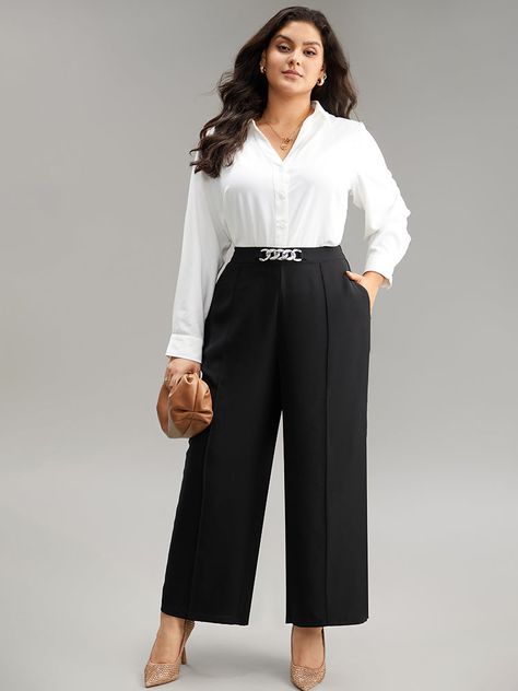 Shop Metal Detail Pleated Wide Leg Pants now and redefine your style with confidence at BloomChic. Tailored for mid and plus-size women. This trendy Bottoms Women, sizes 10-30. Season:Winter;Color:Black;Style:Office;Waist Design:High Rise;Pattern Type:Plain;Details:Pocket, Elastic Waist, Plain, Style accents;Pocket:It is perfectly sized to carry a phone.;Belt:No-belt;Closure Type:Elastic Waist Plus Size Formal Wear Work, Stylish Work Outfits Plus Size, Bloomchic Outfits, Outfits For Work Plus Size, Work Meeting Outfits, Business Casual Interview Outfit Woman, Women Business Casual Outfits, Business Casual Interview Outfit, Office Outfits Women Plus Size