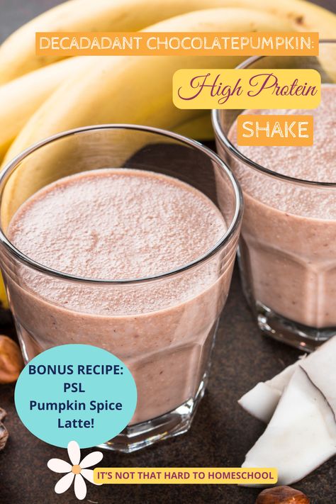 Decadent Chocolate Pumpkin High Protein Shake Recipe – Its Not That Hard to Homeschool High Protein Shake Recipes, High Protein Breakfast Smoothies, Pumpkin Protein Shake, Protein Shake Ingredients, Chocolate Protein Shake, Protein Shake Recipe, Healthy Protein Shakes, Pumpkin Protein, Chocolate Protein Shakes