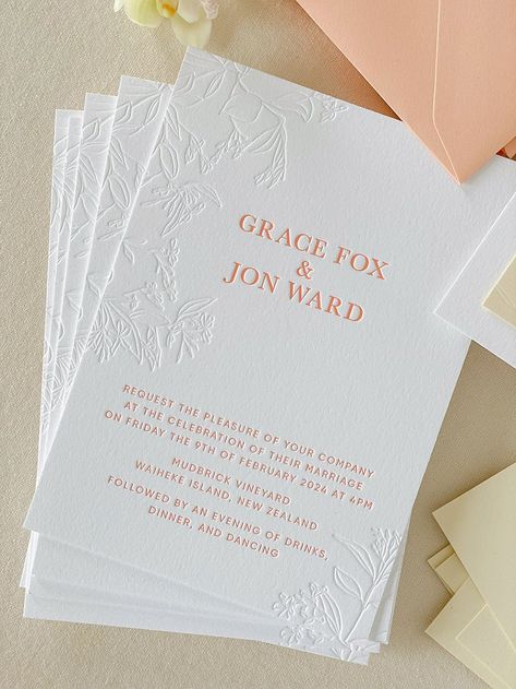 Letterpress wedding invitation with blind deboss floral details Wedding Invitation Suite Assembly, Debossed Wedding Invitations, Letter Pressed Wedding Invitations, Letterpress Wedding Invitation Suite, Monogram Wax Seal, Peach Wedding Invitations, Letterpress Save The Dates, Paper Twine, Letterpress Wedding Invitation