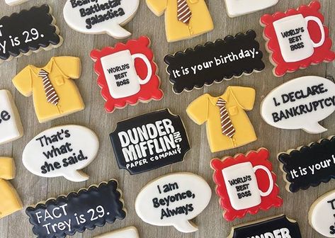 "The office" themed cookies! #theofficecookies #theoffice #customcookies #decoratedcookies #cookiesofinstagram #laurenscookieboutique The Office Cookies, The Office Happy Birthday, Sandlot Party, The Office Birthday Party, Office Themed Party, Office Birthday Party, John Ross, Cookie Crisp, Office Themes