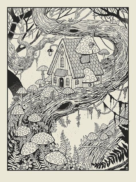 Mushroom Treehouse, Reign Of Fire, Forest Drawing, Dragon Movies, Mushroom Drawing, Linocut Printmaking, What Is Your Favorite, Black And White Drawing, Painting Art Projects