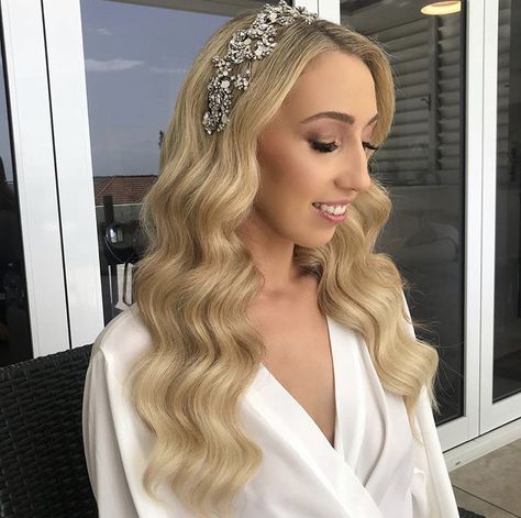 Hollywood Waves With Headpiece, Glam Waves With Headband, Hollywood Waves With Headband, Waves With Headband, Darker Blonde, Bridal Waves, Hollywood Curls, Wedding Quote, Glam Waves