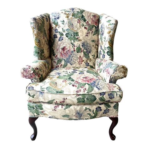 Immaculate floral tapestry wing chair from Custom Furniture of Highpoint North Carolina. Measures 43” h x 34” x 34”. Cabriole legs of mahogany, even has arm covers to protect . Made In USA! No Thank you ! Ethan Allen Living Room, Kindel Furniture, Wingback Chairs, House Updates, Leather Club Chairs, French Chairs, Matching Chairs, Art Chair, Cabriole Legs