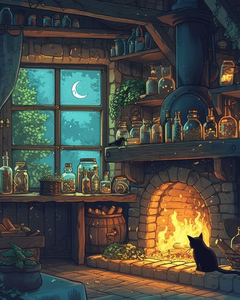 Candle Cat and Cauldron Witchy Fireplace, Witchtober 2024, Fireplace Illustration, Home Bedroom Ideas, Fireplace Drawing, Cabin Fireplace, Rainbow Sunset, Witch Cottage, Furniture Architecture