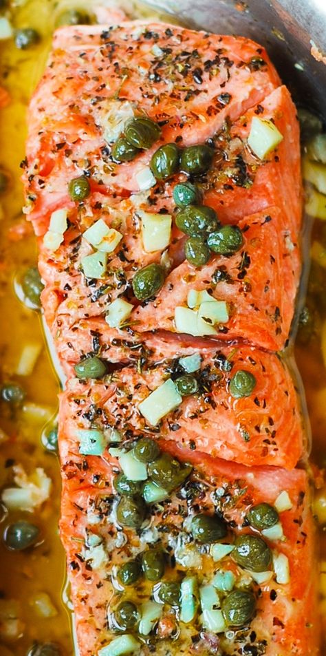 Steelhead Trout (or Salmon) with Caper-Garlic Lemon Butter Sauce - healthy, low-carb, gluten free dinner rich in lean protein and omega-3 fatty acids. Trout Fillet Recipes, Baked Trout, Fish Entrees, Capers Recipe, Lemon Caper Sauce, Caper Sauce, Recipes Fish, Trout Recipes, Best Seafood Recipes