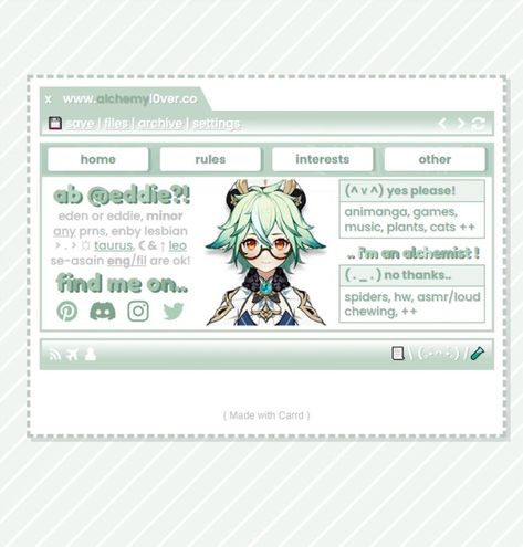 (>︵<) ／／ tags! ; carrd inspo genshin impact sucrose mint green simple carrd layout - 🧪 Carrd Inspo Genshin, Genshin Impact Sucrose, Cute Website, Carrd Inspo, Simple Icon, Header Banner, Inspo Board, Card Layout, Simple Art