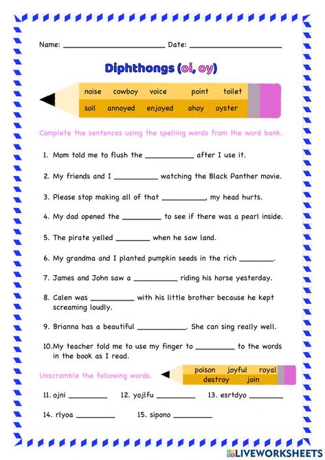 Dipthongs Worksheets, Oy Worksheets, Diphthongs Worksheets, Adult Worksheets, Phonics Rhymes, Improving Handwriting, Create Worksheets, Live Worksheet, Vowel Teams Worksheets