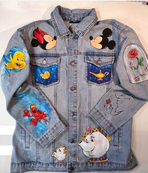 Cinnabon Recipe, Customised Clothes, Custom Jeans Diy, Jacket Drawing, Upcycled Denim Jacket, Painted Clothes Diy, Disney Jacket, Hand Painted Denim Jacket, Painted Denim Jacket