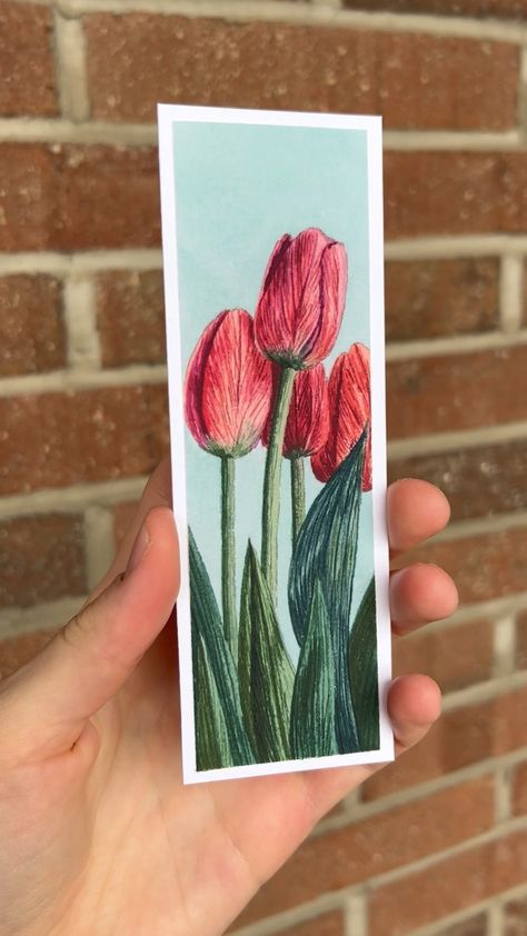 Painting Ideas Bookmark, Watercolor Paintings Bookmarks, Bookmark Painting Ideas, Tulip Bookmark, Bookmark Painting, Flowers Bookmarks, Bookmarks Watercolor, Tulips Watercolor, Bookmark Art