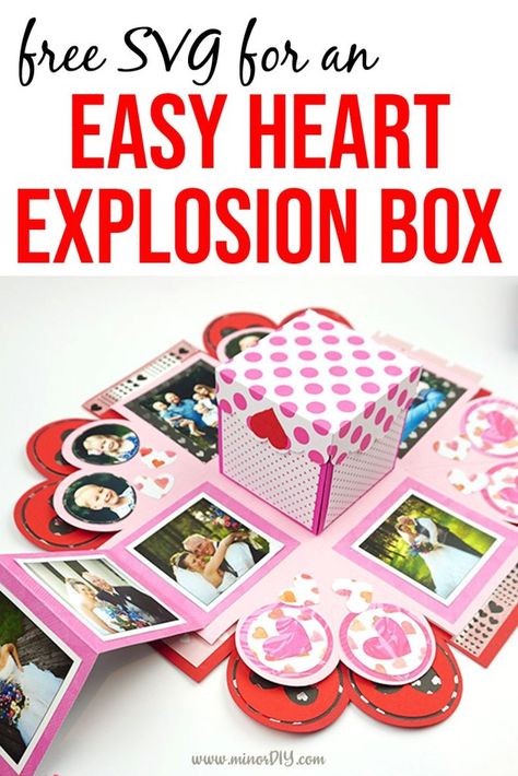 Following the easy step-by-step tutorial, create a quick heart explosion photo gift box for Valentine's Day with this free SVG! #gift #explodingbox #explosionbox #cricut #cricutmade #DIY #papercraft Easy Valentine Crafts For Kids, Exploding Box Template, Heart Explosion, Easy Kids Party, Explosion Box Tutorial, Diy Exploding Box, Exploding Gift Box, Heart Exploding, Exploding Box Card