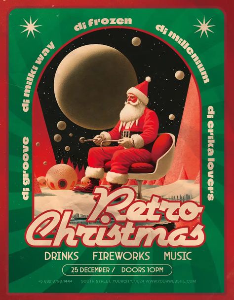 Christmas Party Template, Christmas Poster Graphic Design, Christmas Event Poster Design, Christmas Flyers Ideas, Retro Christmas Poster, Christmas Event Flyer, New Year Social Media Design, Christmas Graphic Design Inspiration, Christmas Party Poster Design