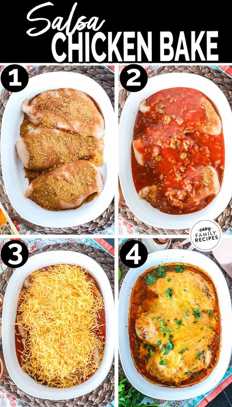 This easy 4 ingredient Salsa Chicken Bake is the BEST easy dinner recipe for a busy night. This chicken recipe with a few ingredients will have dinner on the table in no time! Perfectly seasoned chicken breast is smothered in tangy salsa and all topped with cheese for a flavor explosion. This one pan chicken dinner will have a kid friendly dinner on the table with just minutes of prep. Enjoy this salsa chicken over rice, or with beans, chips or tortillas. Mexican Chicken Recipes Skillet, Easy Salsa Chicken, Baked Salsa Chicken Recipe, Baked Salsa Chicken, One Pan Chicken Dinner, Salsa Chicken Bake, Cultural Dishes, Seasoned Chicken Breast, Chicken Bake Recipe