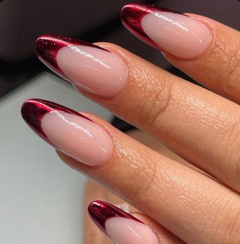 French Tip Heart Nails, French Tip Heart, Press On Nails French Tip, Red Tip Nails, Red Chrome Nails, Press On Nails French, Chrome French, Nails French Tip, Red Chrome