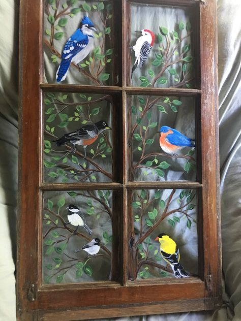 Hand Painted Windows, Paint Birds, Painted Window Art, Painted Windows, Painted Crafts, Painted Birds, Glass Bottles Art, Hippie Home Decor, Earth Art