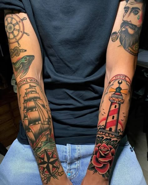 Naval Tattoos, Traditional Nautical Tattoo, Old School Sleeve, Traditional Lighthouse Tattoo, Traditional Ship Tattoo, Rockabilly Tattoos, Old School Traditional, Tattoo Writing, Old School Tattoos