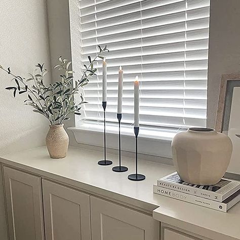 Black Candlesticks On Mantle, Boho Fireplace Mantle, Black Taper Candle Holders, Boho Fireplace, Candle Holders Decor Ideas, Black Candlestick Holders, Black Candlesticks, Black Taper Candles, Black Candle Holders