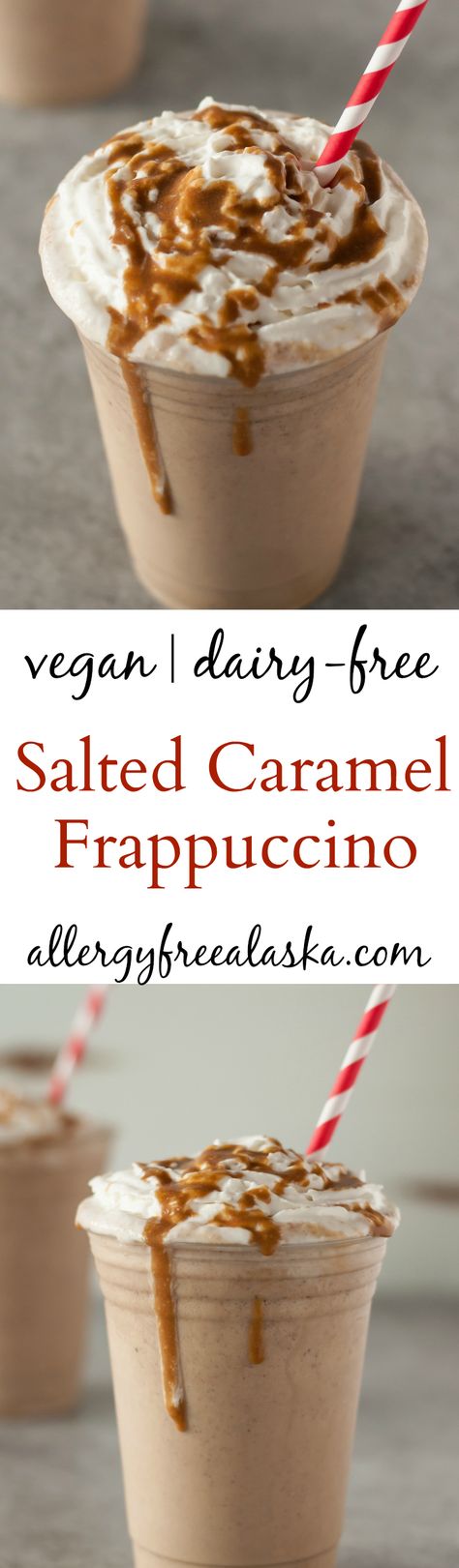 Rich and creamy dairy-free/Vegan Salted Caramel Frappuccino recipe @AllergyFreeAK Salted Caramel Frappuccino Recipe, Caramel Frappuccino Recipe, Vegan Salted Caramel, Caramel Frappuccino, Frappuccino Recipe, London Broil, Vegan Drinks, Allergy Free Recipes, Allergy Friendly Recipes