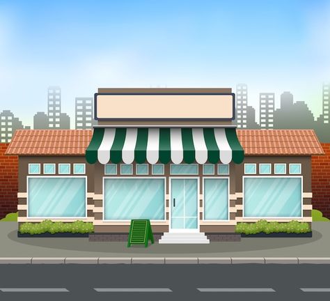 Flat design store front with place for s... | Premium Vector #Freepik #vector #restaurant-building #shop-building #shop-house #street-shop Store Building Design, Store Building, Brick Store, Retail Space Design, Souvenir Store, Mini Store, Headboard Design, Drawing Accessories, Shop House Ideas