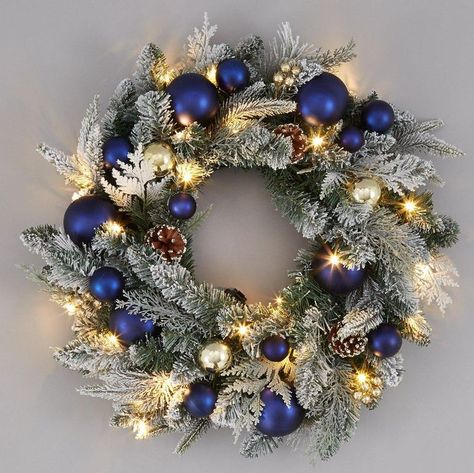 Gold Wreath Christmas, Homemade Christmas Wreaths, Bauble Wreath, Blue Baubles, Christmas Decs, Pre Lit Wreath, Orange Wreath, White Christmas Wreath, Navy Christmas