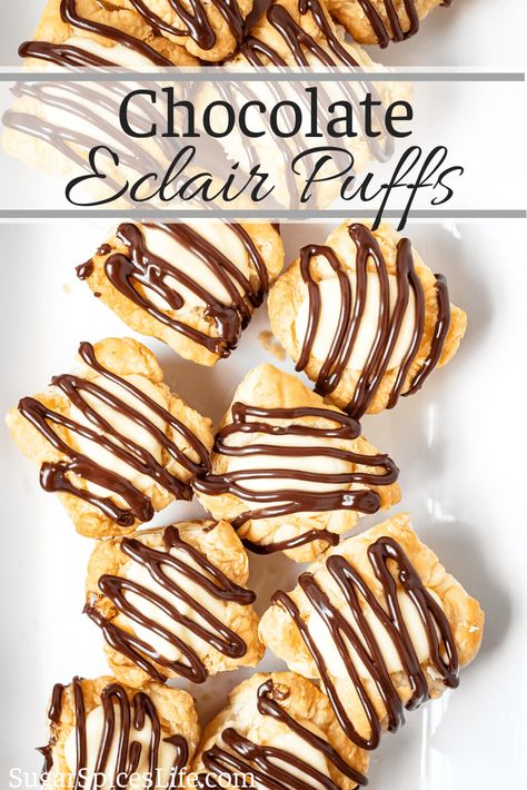 Danish Made With Puff Pastry, Vanilla Puff Pastry, Dessert Pastries Recipes, Eclair Puff Pastry, Chocolate Eclair Dessert Puff Pastries, Mini Chocolate Eclairs, Easy Phyllo Desserts, Homemade Chocolate Eclairs, Puff Pastry And Chocolate Recipes